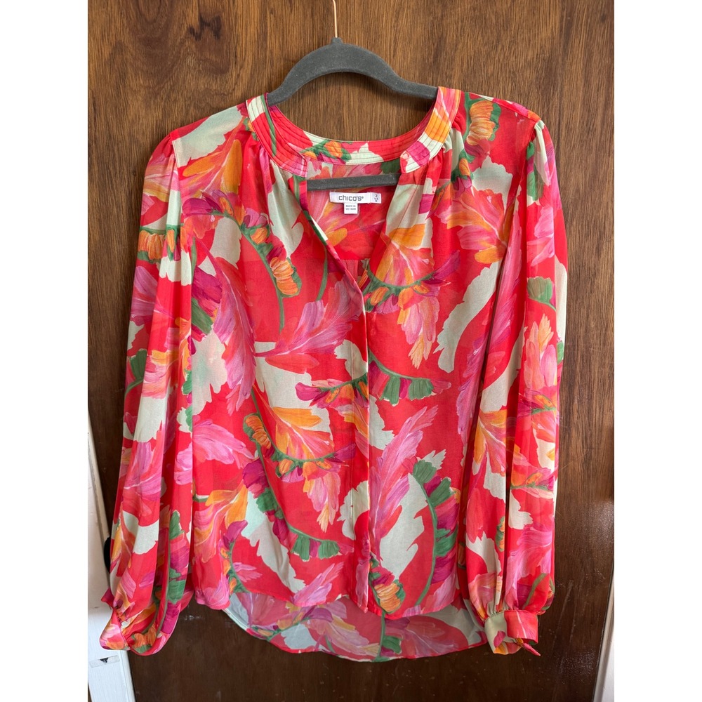Chicos Tropical Feather Print Blouse Red Pink Orange Long Sleeve Size 2 US 12